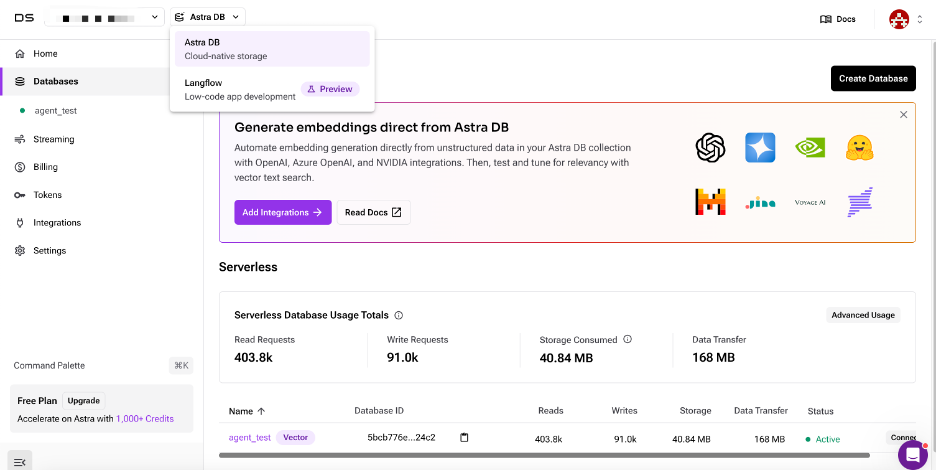 Astra DB UI